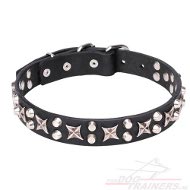 Hondenhalsband van leer met chromen Sterren en Piramides⚙ Hondenhalsband van leer met chromen Sterren en Piramides⚙