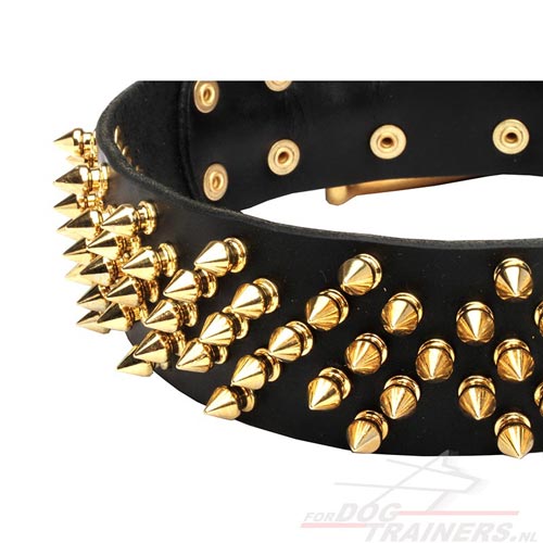 Brede Honden Lederen Halsband met Messing Spikes