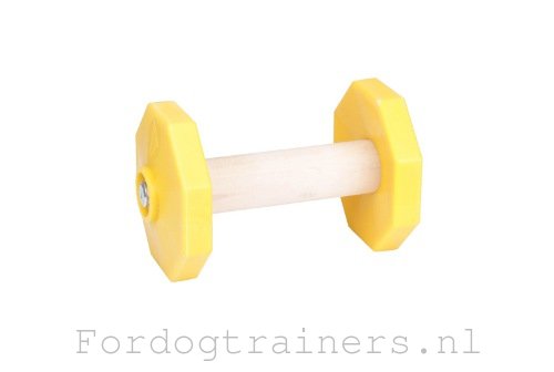 Houten Dumbbell met Verwijderbare plastic Gele Halterschijven - Klik op de afbeelding om het venster te sluiten