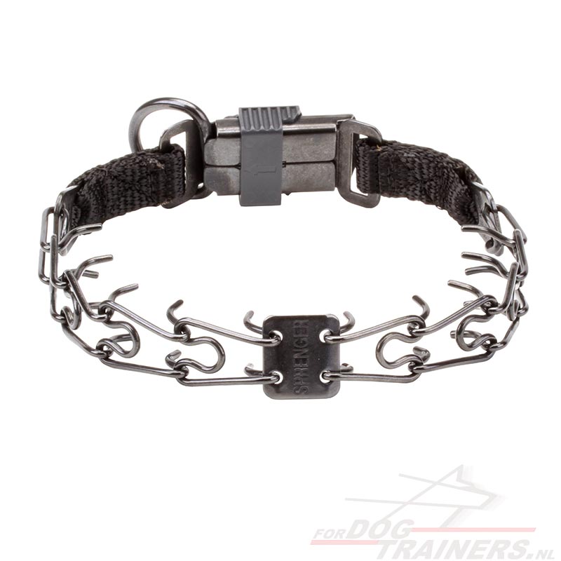 Honden Prik Halsband van Zwarte Staal met Click Lock Zwarte Halsband [HS98#1106 50037 010 (57)Prik Zwa] - €44.1 Hondenwinkel met breide keuze van muilkorven, tuigen en halsbanden!