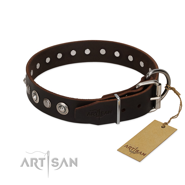 Bruine Hondenhalsband echt leer met studs