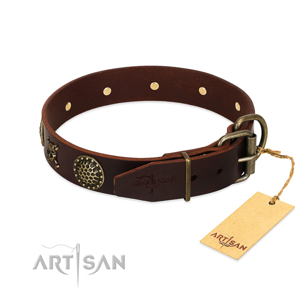 Bruine Hondenhalsband echt leer met studs