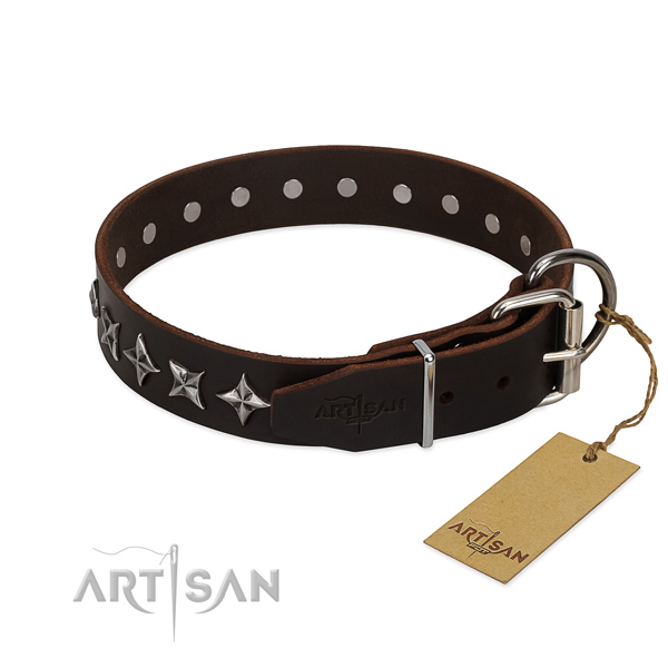 Bruine Hondenhalsband echt leer met studs